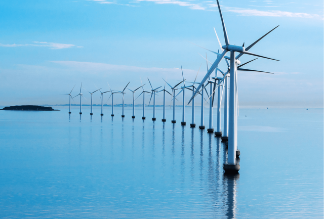 Coastal wind turbines in a row
